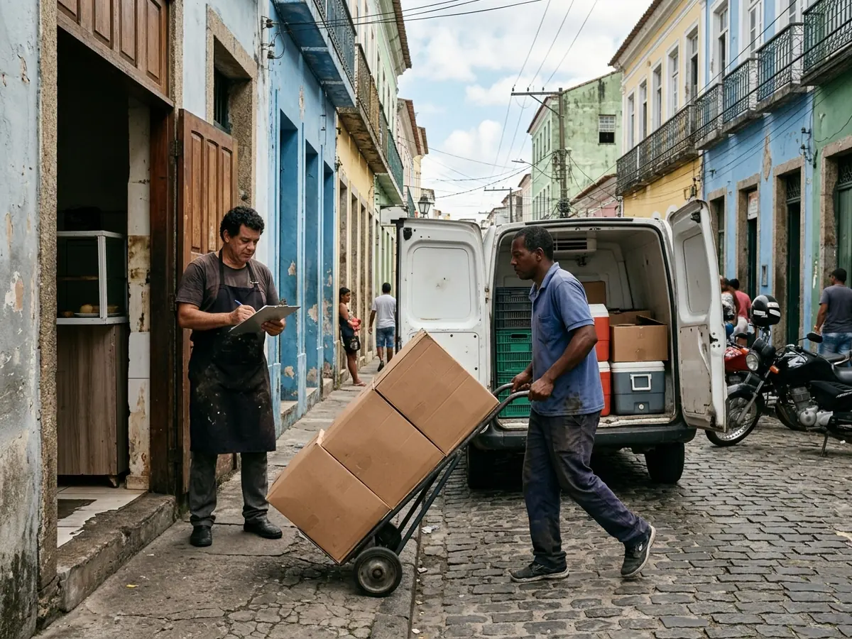 Entregador levando caixas na carrinho de carga até a entrada de serviço de um restaurante